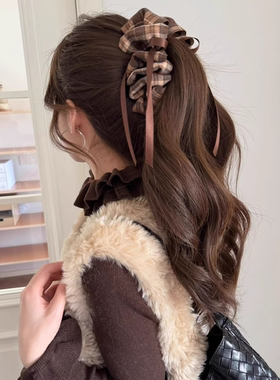 复古格纹褶皱泡泡香蕉夹女高马尾固定夹后脑勺盘发鲨鱼夹半扎发夹