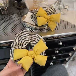东大门柠檬黄蝴蝶结大肠发圈百搭条纹可爱少女心扎发头绳发饰