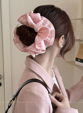 多巴胺蓝色格子大肠发圈女高级感百搭复古韩系头饰发绳扎头发超大