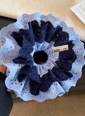 蓝色格子蕾丝大肠发圈女高级感超大号发绳扎头发丸子头慵懒风头饰