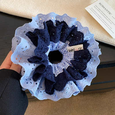 名狐蓝色格子蕾丝大肠发圈