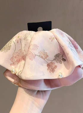 新中式淡雅印花缎面珍珠马尾夹气质温柔盘发夹后脑勺复古抓夹发夹