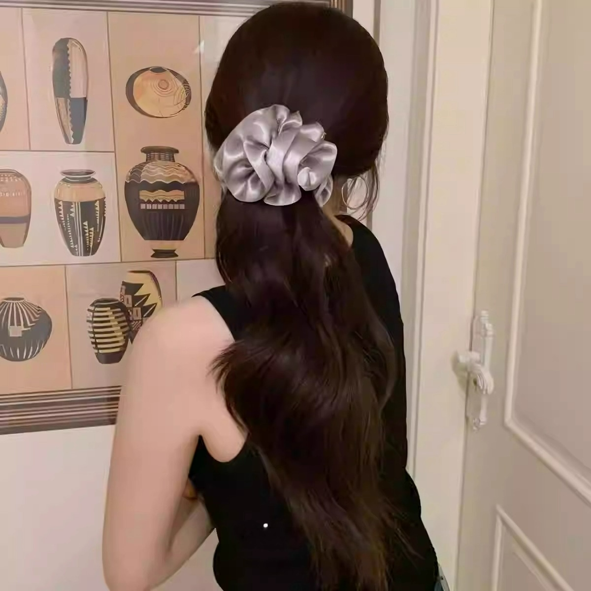 慵懒温柔紫韩国褶皱缎面花朵抓夹香蕉夹女高级感气质盘发头饰