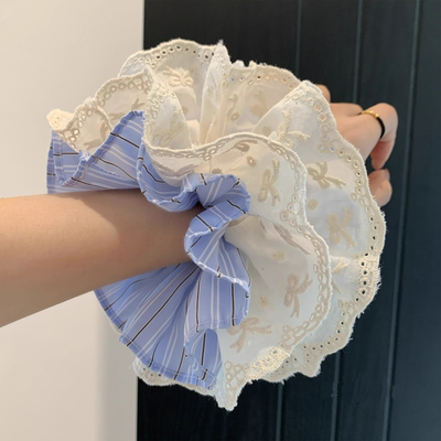 韩系蓝色条纹蕾丝大肠发圈女高级感丸子头慵懒风超大号发饰头绳