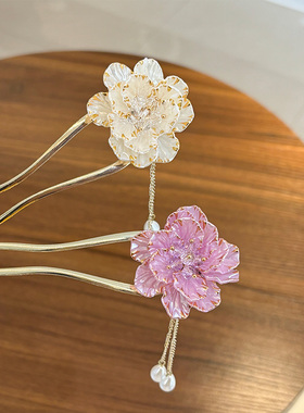 精致牡丹花流苏U型发簪女高级感盘发簪子步摇古风发钗子插梳头饰