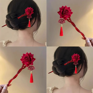 红玫瑰发簪新年红色花朵流苏簪子高级盘发发饰新娘头饰敬酒服发饰