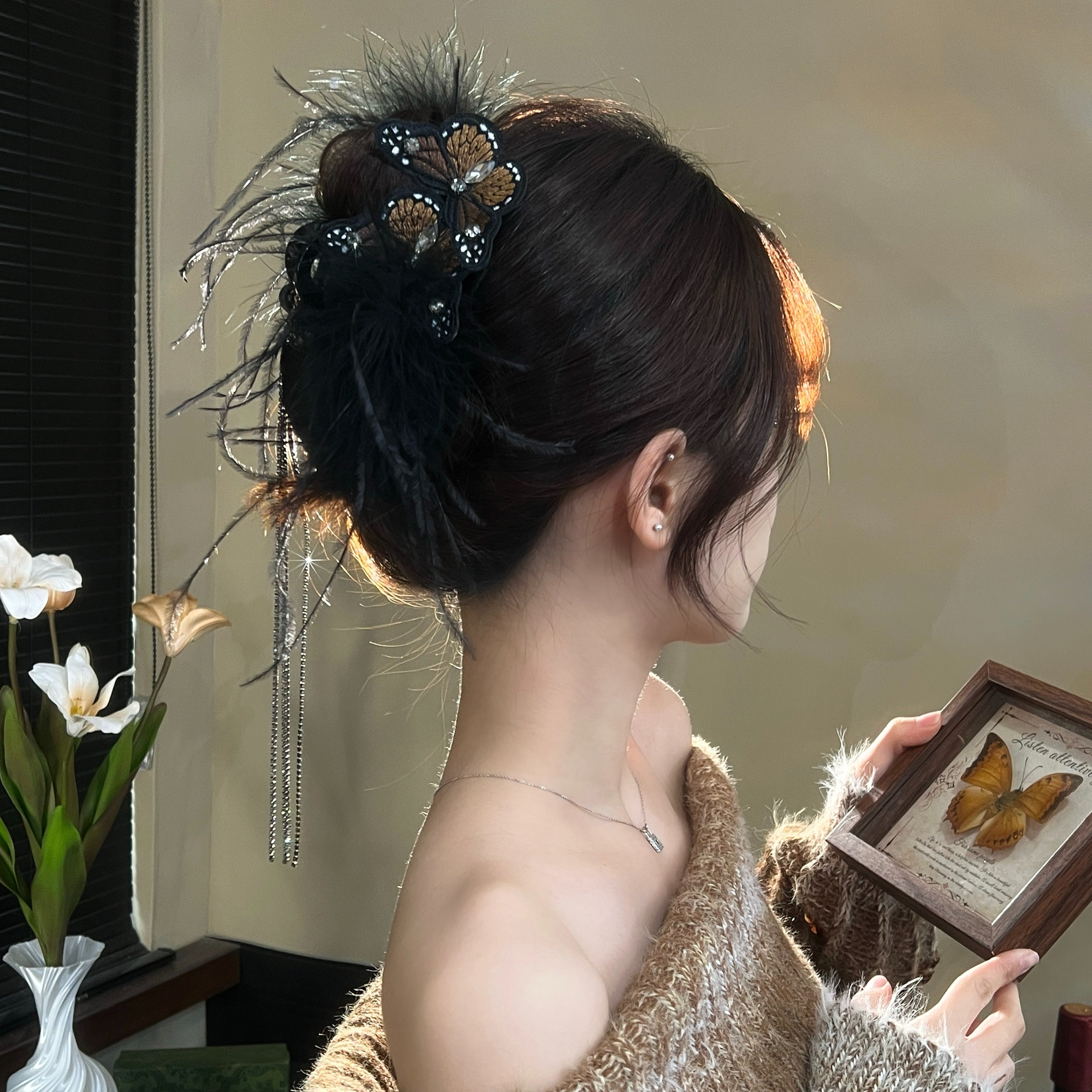 早秋高级感纯欲鸵鸟毛抓夹