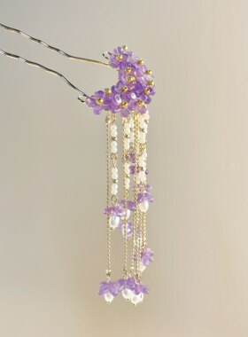 古风汉服紫色橘花珍珠流苏发钗
