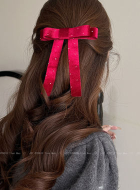 韩系复古丝绒蝴蝶结发饰女长飘带小珠子装饰长发夹质感精致发夹