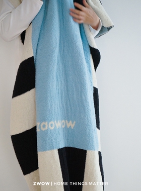 造卧zwow2025天空岛白黑蓝格中古风双面加厚半边绒盖毯休闲毯毛毯