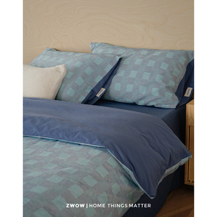 造卧zwow2025新款纯棉全棉提花蓝格子条纹中古风床单被套四件套件
