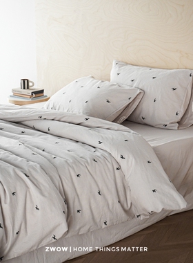 造卧zwow轻奢高级感新中式大雁剪影提花色织米灰色100全棉四件套