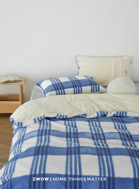造卧zwow【水彩】冬季仿羊毛绒牛奶绒蓝色条纹保暖床单床笠四件套