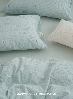 造卧zwow秋季薄荷水蓝绿色兔子刺绣泡泡纱全棉纯棉床单床笠四件套