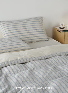 造卧zwow韩系立体肌理蓝色条纹小清新纯棉100全棉四件套2025新款