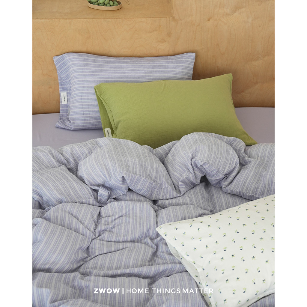 造卧zwow纯棉100全棉皱皱纱撞色仙女紫绿条纹A类小清新床上四件套