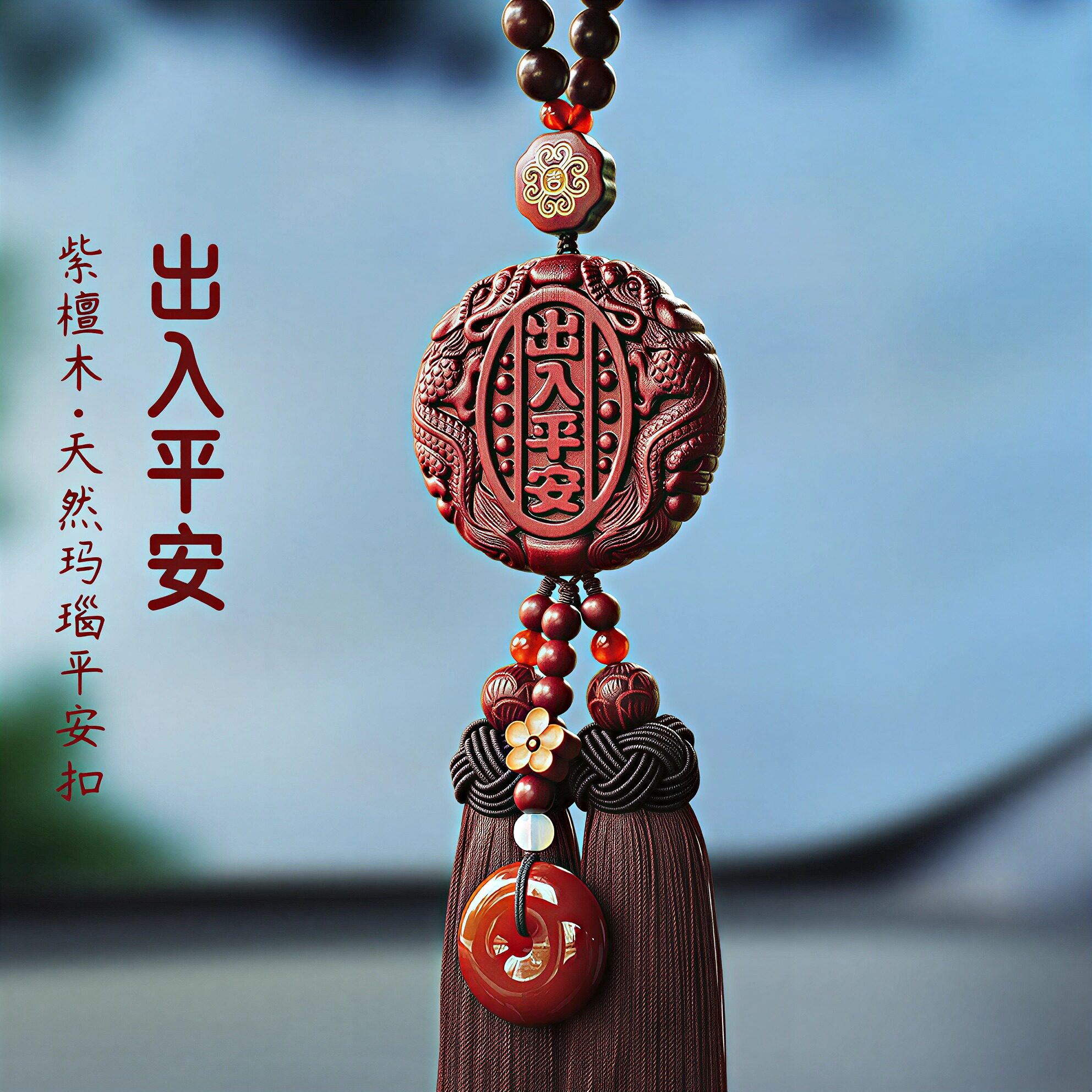 高档天然紫檀出入平安汽车挂件车内挂饰汽车挂饰后照镜车载保平安