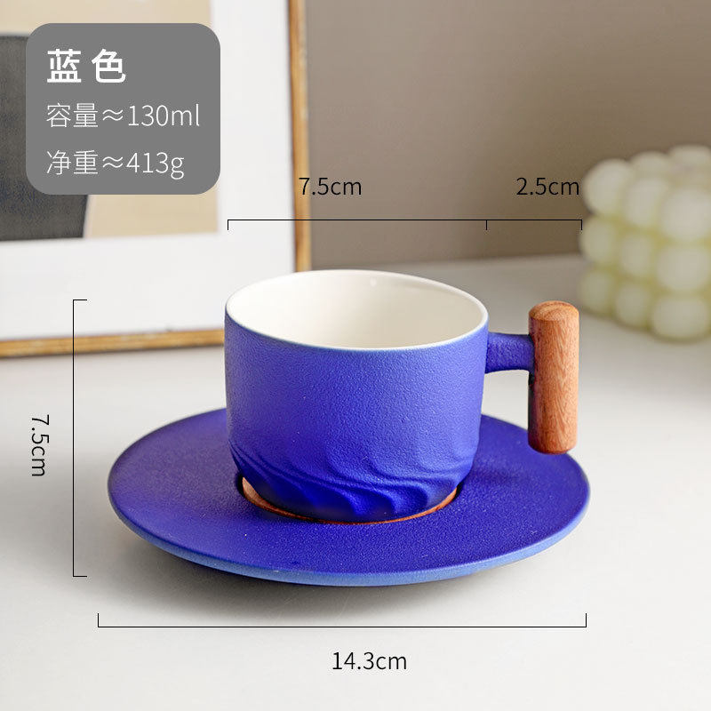 克莱因蓝咖啡杯子陶瓷杯碟日式手冲磨砂水杯木柄轻奢