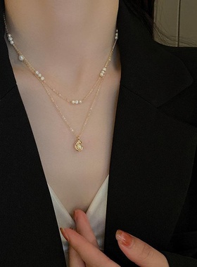 钛钢小颗粒巴洛克淡水珍珠项链两件套时尚法式金豆豆设计感锁骨链