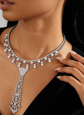 欧美轻奢风镶钻仿珍珠领带项链
