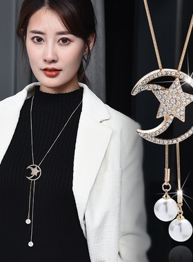 韩版星月流苏珍珠毛衣链长款