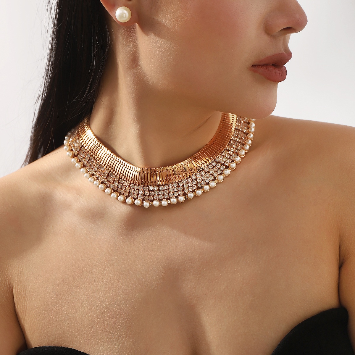 夸张宽版金色镶钻颈链套装