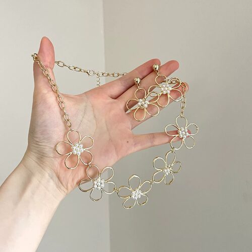 Vintage古着 Hollow gold-edged pearl flowers套装