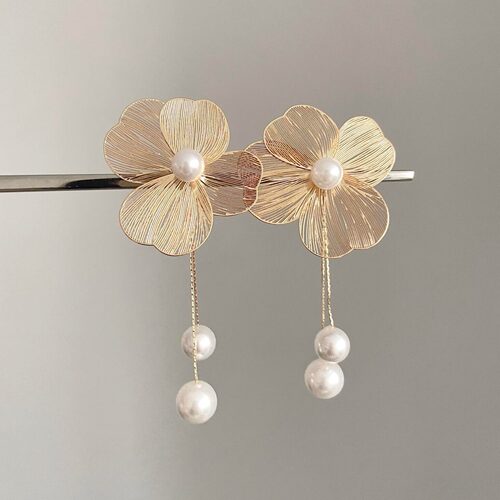Vintage古着 Flower pearl tassel耳饰