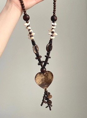 Vintage古着 Bohemian wood bead coconut shell love项链
