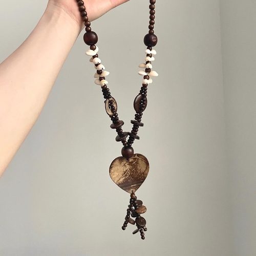 Vintage古着 Bohemian wood bead coconut shell love项链