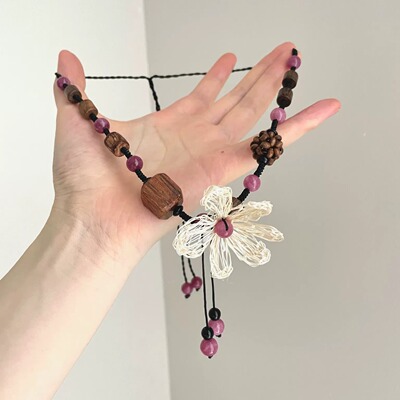 Vintage古着 Knitting pink flowers项链