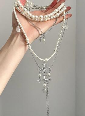 Vintage古着 chocker多层叠戴珍珠十字架锁骨链