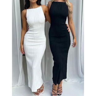 Dress Ruched Summer Women Solid Long Slim Sexy Sleeveless