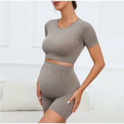 Women's Maternity 2 Piece Seamless Short Sleeve Crop Top Leg