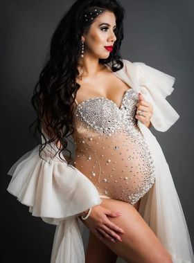 Shinning Crystals Maternity Bodysuit For Photography SeeThro