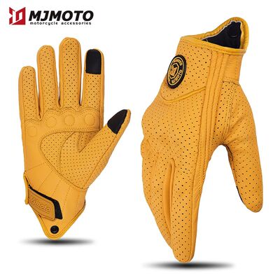 Retro Yellow Leather Motorcycle Gloves Men Women Breathable