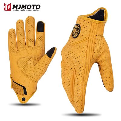 Retro Yellow Leather Motorcycle Gloves Men Women Breathable