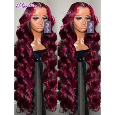 1b/99j Burgundy Highlight Body Wave 13x4 HD Lace Front Human