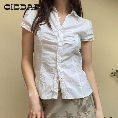CIBBAR Vintage Folds Crop Top White Button Up Short Sleeve B