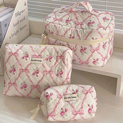 Cute Bow Flower Quilting Cotton Makeup Bag Women Zipper Cosm