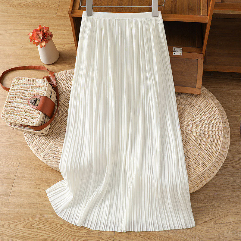 白色雪纺半身裙女春秋2026夏季冰丝绝美巨好看的中长款百褶伞裙子