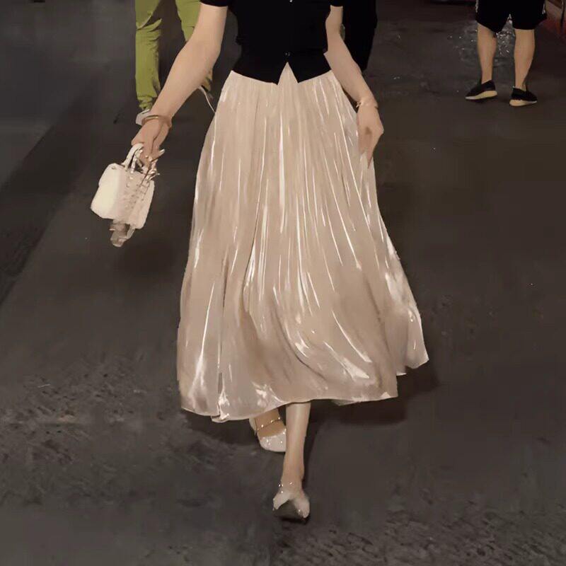 浅色流光纱半身裙女春夏季2026新款轻奢高级感a字裙百褶裙子纱裙