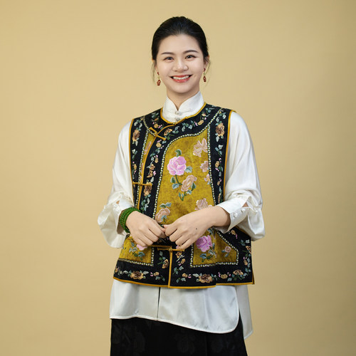 【若彤】刺绣植物花卉立领女圆领秋季马夹马甲国风印花上衣250702
