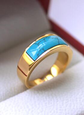 韩版黄金色绿松石戒指男潮个性复古宝石食指戒子时尚绅士男女首饰