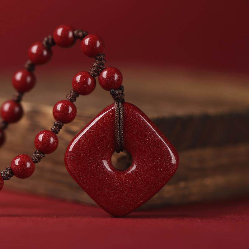 天然原矿朱砂吊坠男款平安扣钥匙扣挂件护身符四方扣女项链本命年