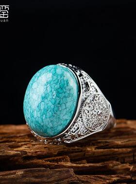 彷绿松石戒指磷镁矿藏银镶嵌宝石扳指男覆古情侣款活口椭圆形戒指