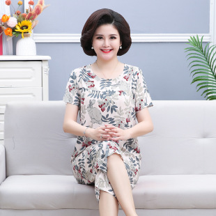 加大码 短袖 七分裤 薄款 女 夏季 中老年人棉绸妈妈睡衣奶奶家居服套装