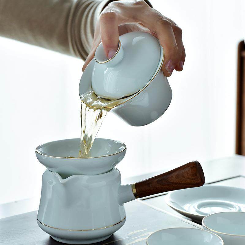 影青羊脂玉功夫茶具套装侧把壶盖碗茶杯整套银行房地产商务礼品