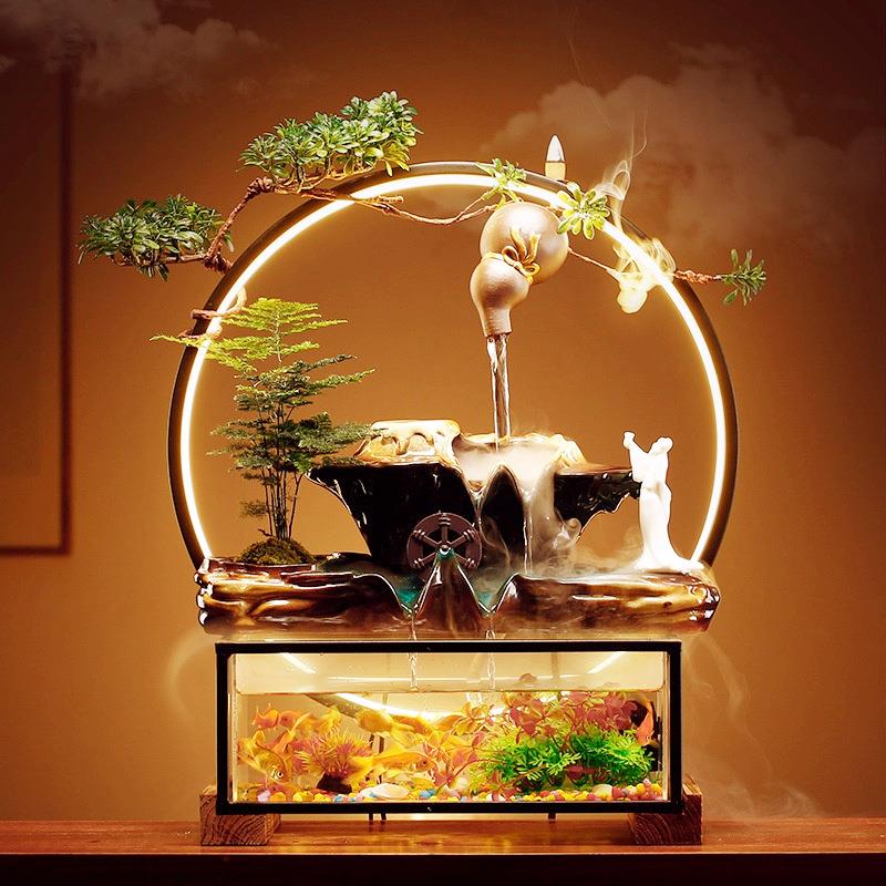 新中式福从天降创意装饰摆件客厅悬壶流水养鱼缸家居办公开业礼品