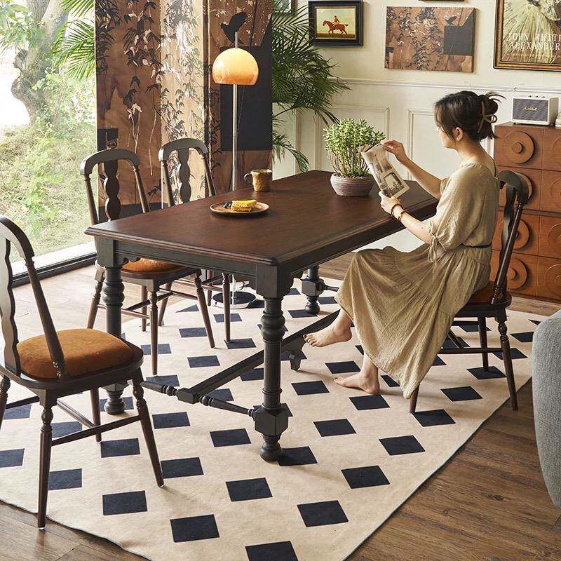 法式实木餐桌中古黑色南洋风复古家用长桌美式乡村别墅长方形饭桌